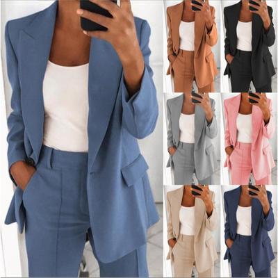 Women's Lapel Long Sleeve Slim Fit Blazer Suit Set Casual Solid Color Two Piece Pants Outfit