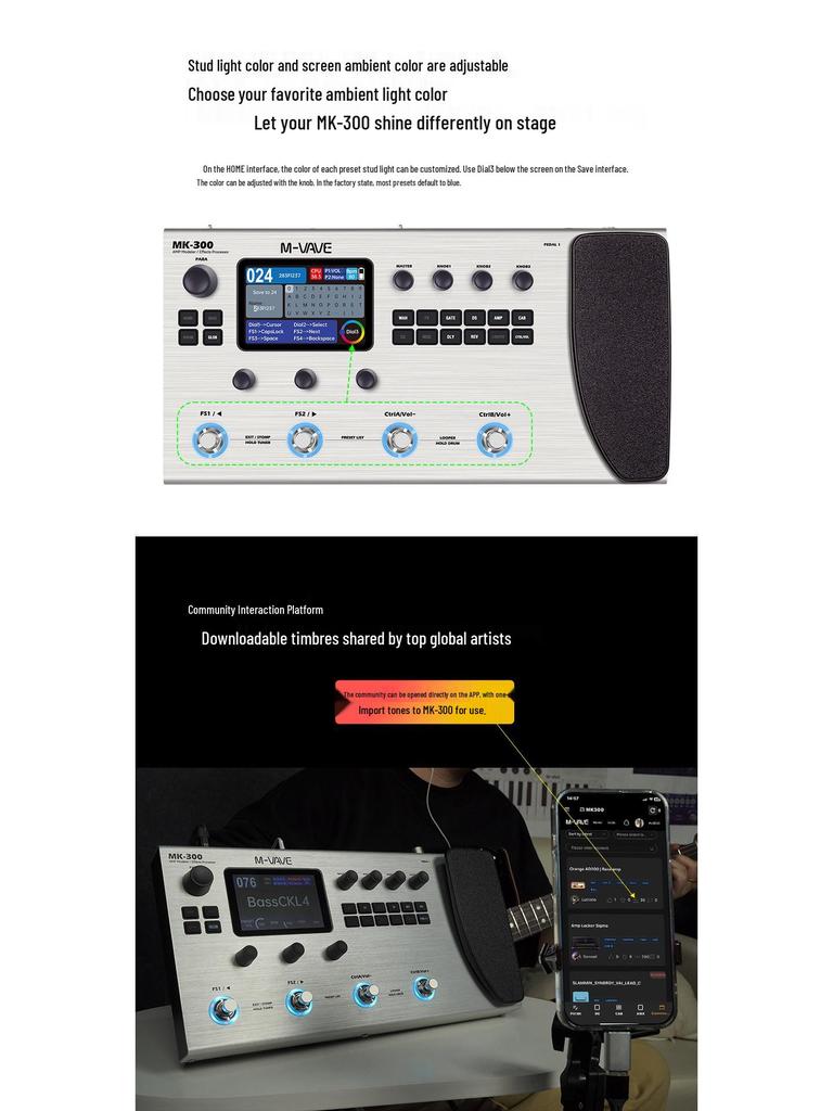 M-VAVE MK-300 Multi-Effects Pedal with Drum Machine & Volume Control for Guitar/Bass