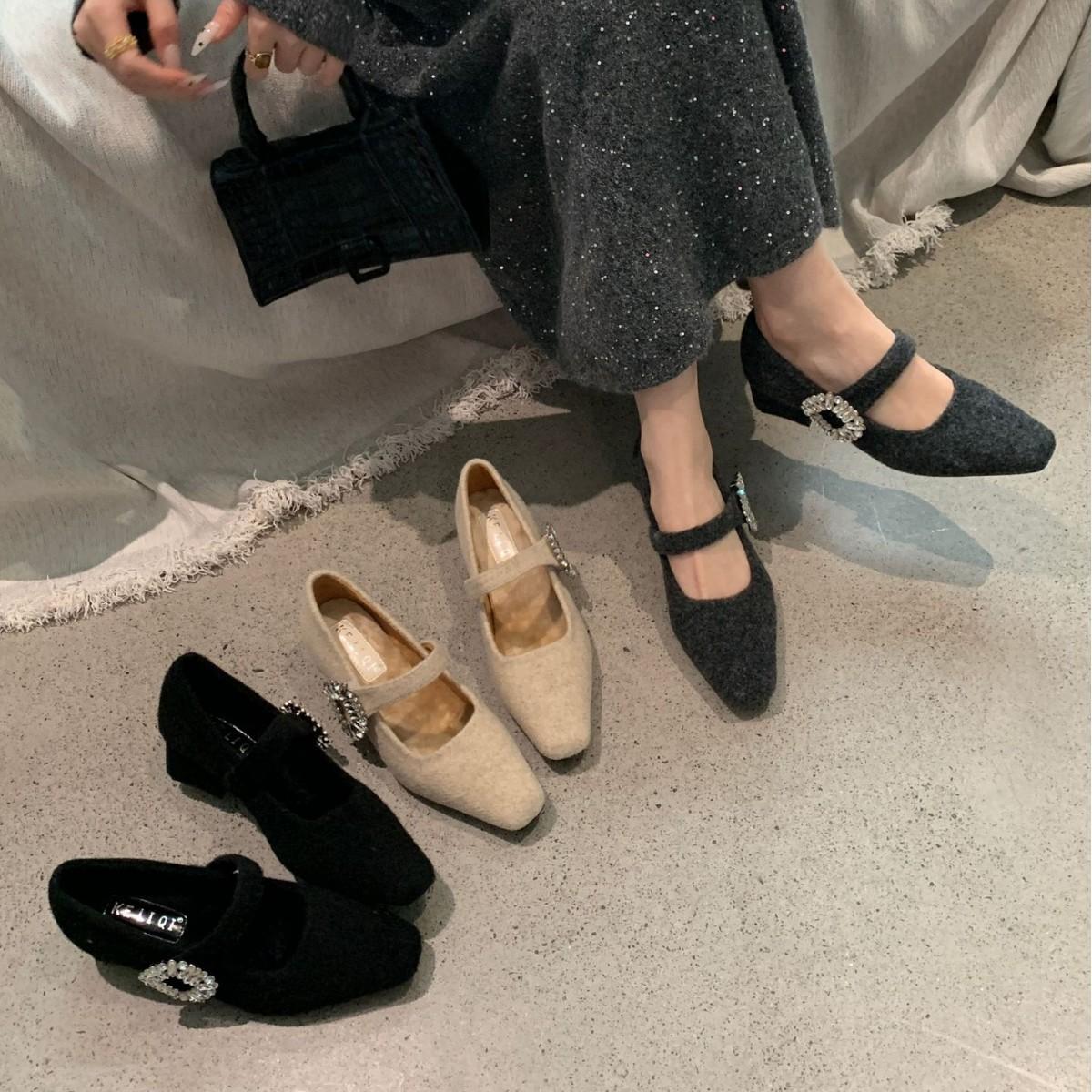 French high-heeled Mary Jane fluffy shoes women's shoes 2025 autumn and winter with skirts, evening shoes, velvet rhinestone single shoes cm