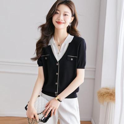 Women's Silk Blend Short Sleeve Fake Two-Piece Knit Top