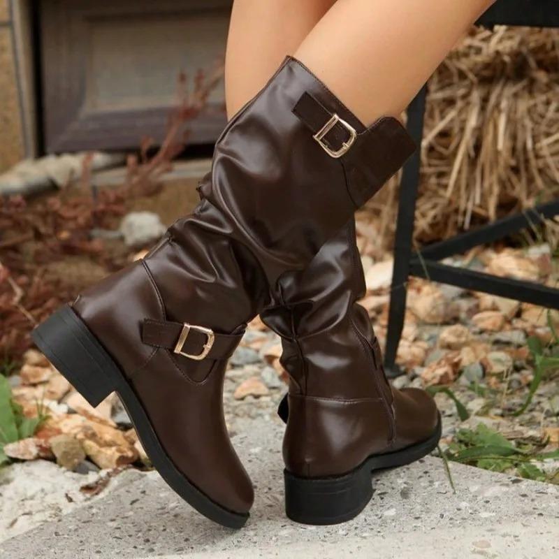 Belt Buckle Mid-Tube Boots Autumn New Round Toe Side Zipper Soft Sole Anti-Slip Wear-Resistant Single Boots