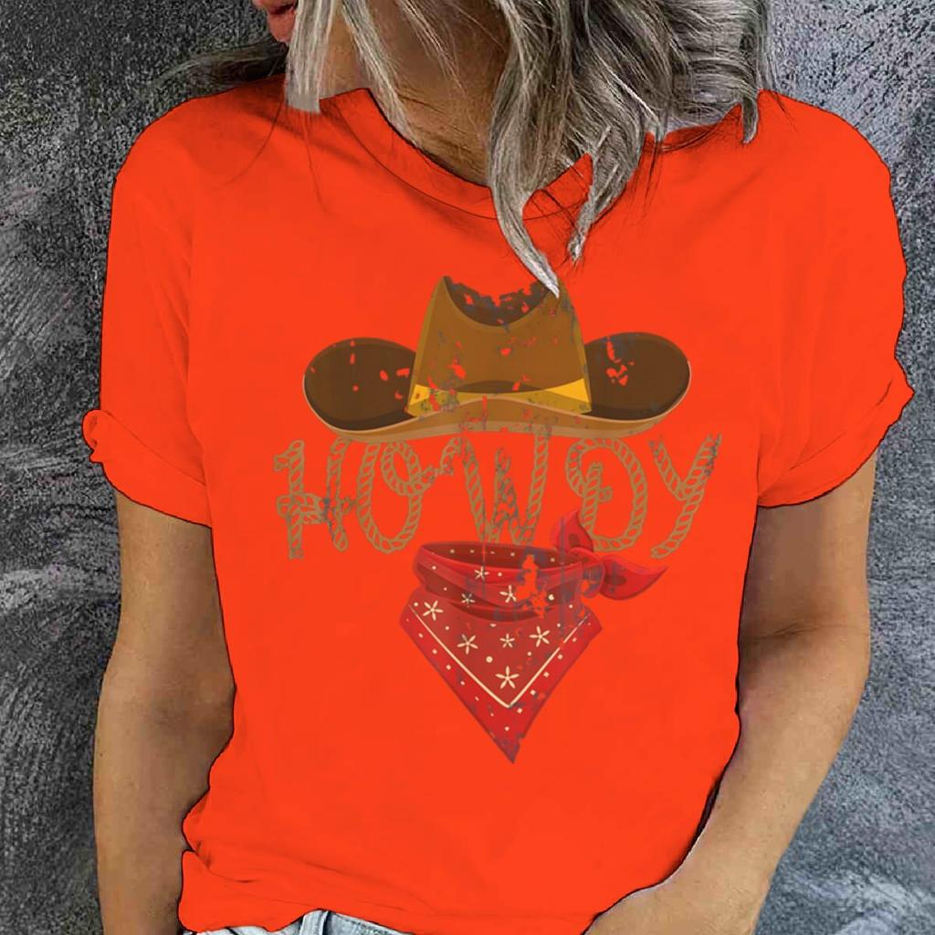 Retro Howdy Cowgirl Print T-shirts For Women Summer Short Sleeve Crew Neck T-shirt Vintage Graphic Tops Tie Dye T-shirts