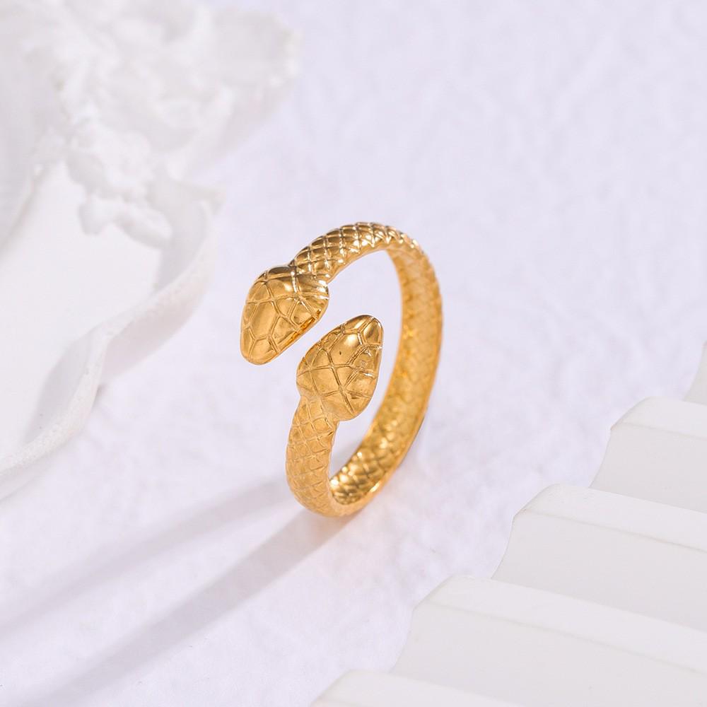 Gold-Plated Snake-Shaped Titanium Steel Adjustable Ring for Women - Retro, Colorfast, European & American Fashion.