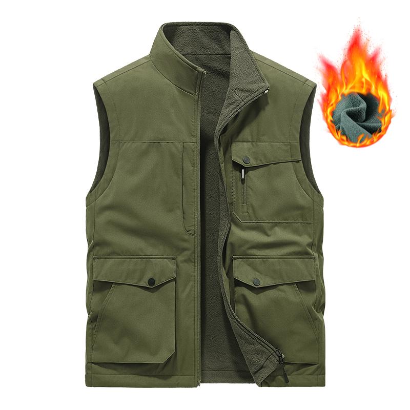 Spring New Men Waistcoat Men Leisure Solid Color Vest Young Middle-Aged Photography Fishing Casual Vest Fleece Jacket Male