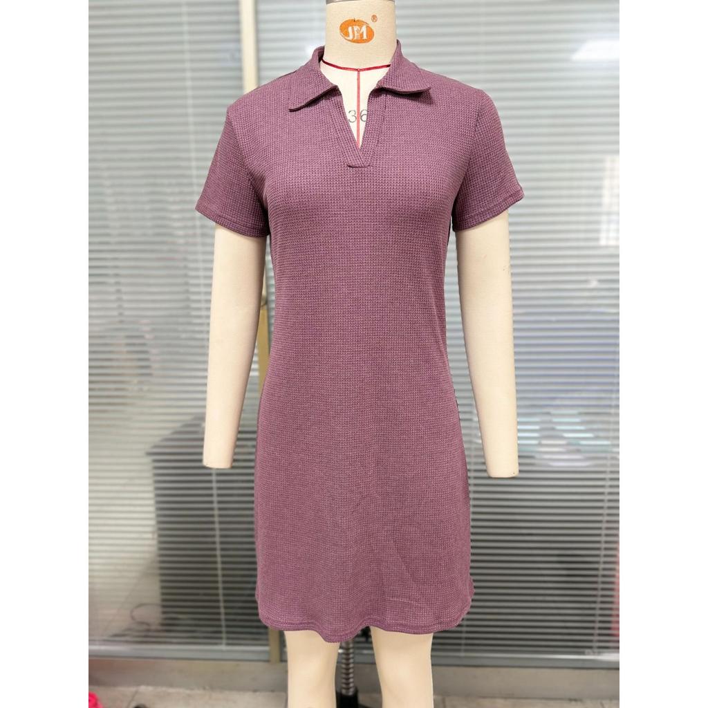 Spring Summer New Women's Solid Color Lapel Loose Short Sleeve T-shirt Dress For Amazon Europe America Cross-border Trade