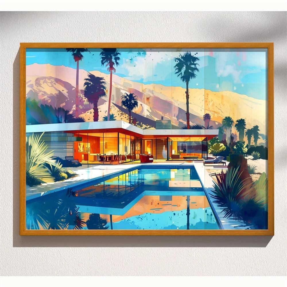 Mid Century Palm Springs House Prints Modern Cubist Abstract Architecture Art Print Poster Retro Wall Art Canvas Painting Decor