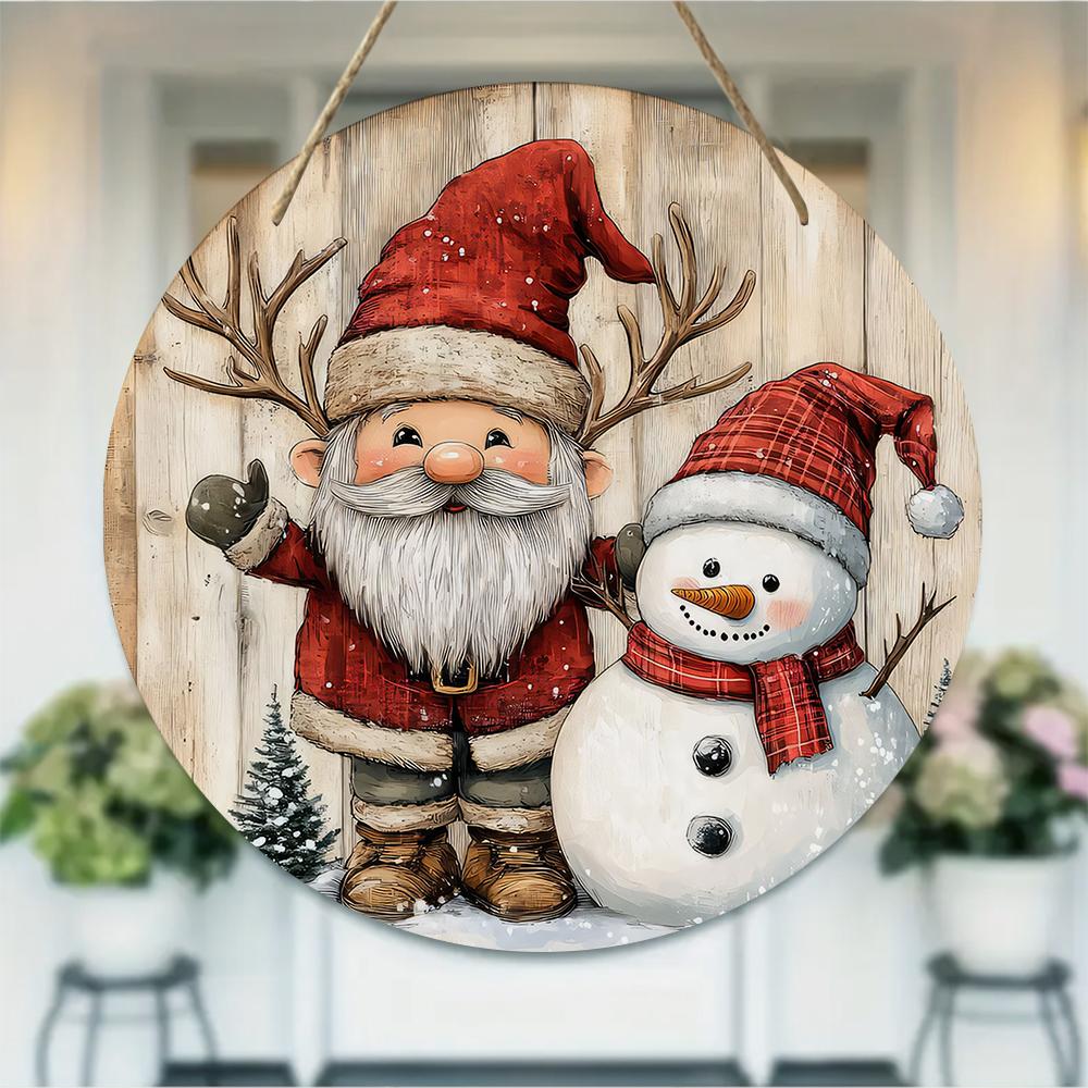 Vintage Santa and Snowman Patterned Round Wooden Hanging Plaque Rustic Farmhouse Wall Sign for Holiday Home Porch Winter Indoor Outdoor Decor