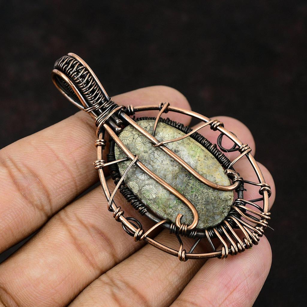 Baum des Lebens Fossil Koralle Edelstein Anhänger Kupferdraht gewickelt Anhänger Handarbeit Kupfer Schmuck Geschenk für Sie Fossil Koralle Schmuck für Frauen