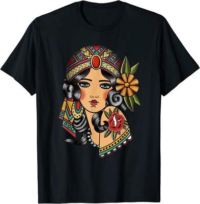 Bonita Cabeza de Gitana Adivina Tatuaje Tradicional Americano Camiseta Unisex