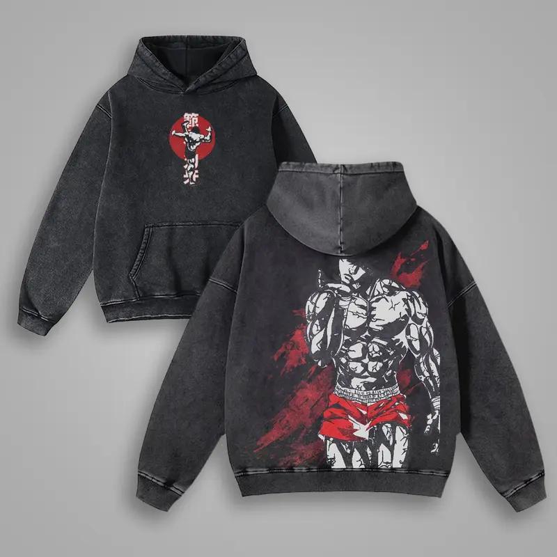 Hot Anime BAKI Hanma Baki Print Hooded Men Cotton Hoodies Retro Washed Sweatshirt Oversized Pullover Harajuku Casual Streetwear