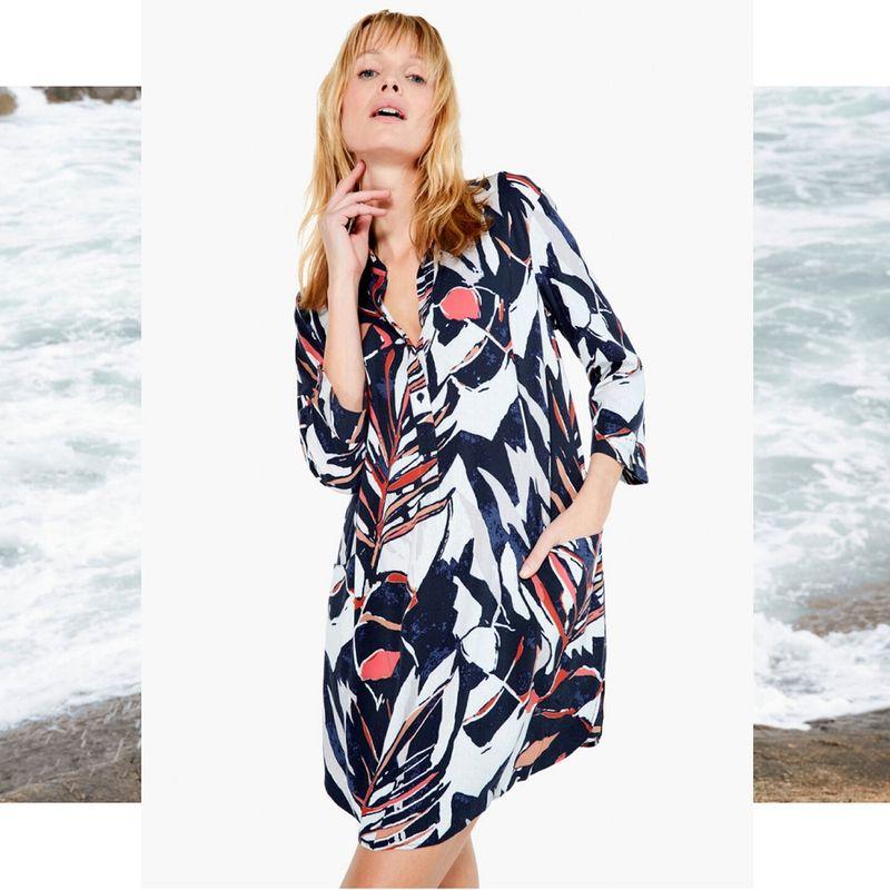 

Woven Cotton Elastic Printed 3/4 Sleeves Shirt Dress 24 Spring and Summer with Pockets Casual Skirt Fashion Plus Size Female Slim Looking Retro Print Dress XS