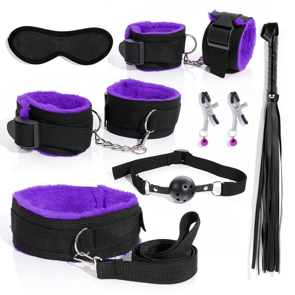 BDSM Bondage Bundle Set Leather Plush Blindfold Handcuffs Whip Nipple Clip Adult Sex Toys Women Erotic Restraint Game Kit