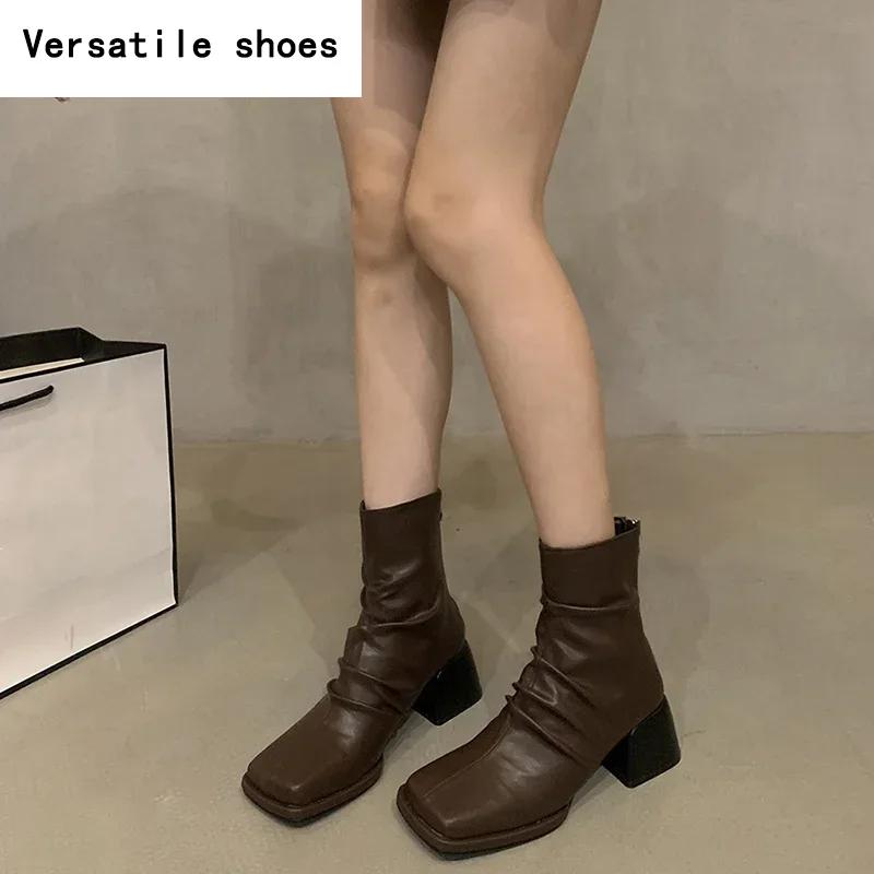 Herbst Winter Frauen Stiefeletten Fashion Square Toe Zurück Reißverschlüsse Schuhe Vintage Square Heels Damen Kurze Booties