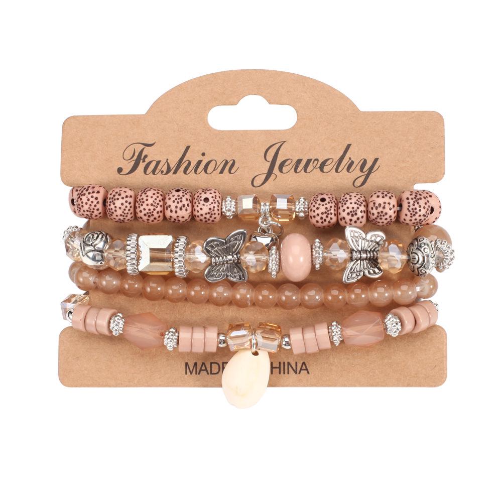 European Bohemian Beaded Bracelet with Shell, Peach Heart, and Butterfly Pendants