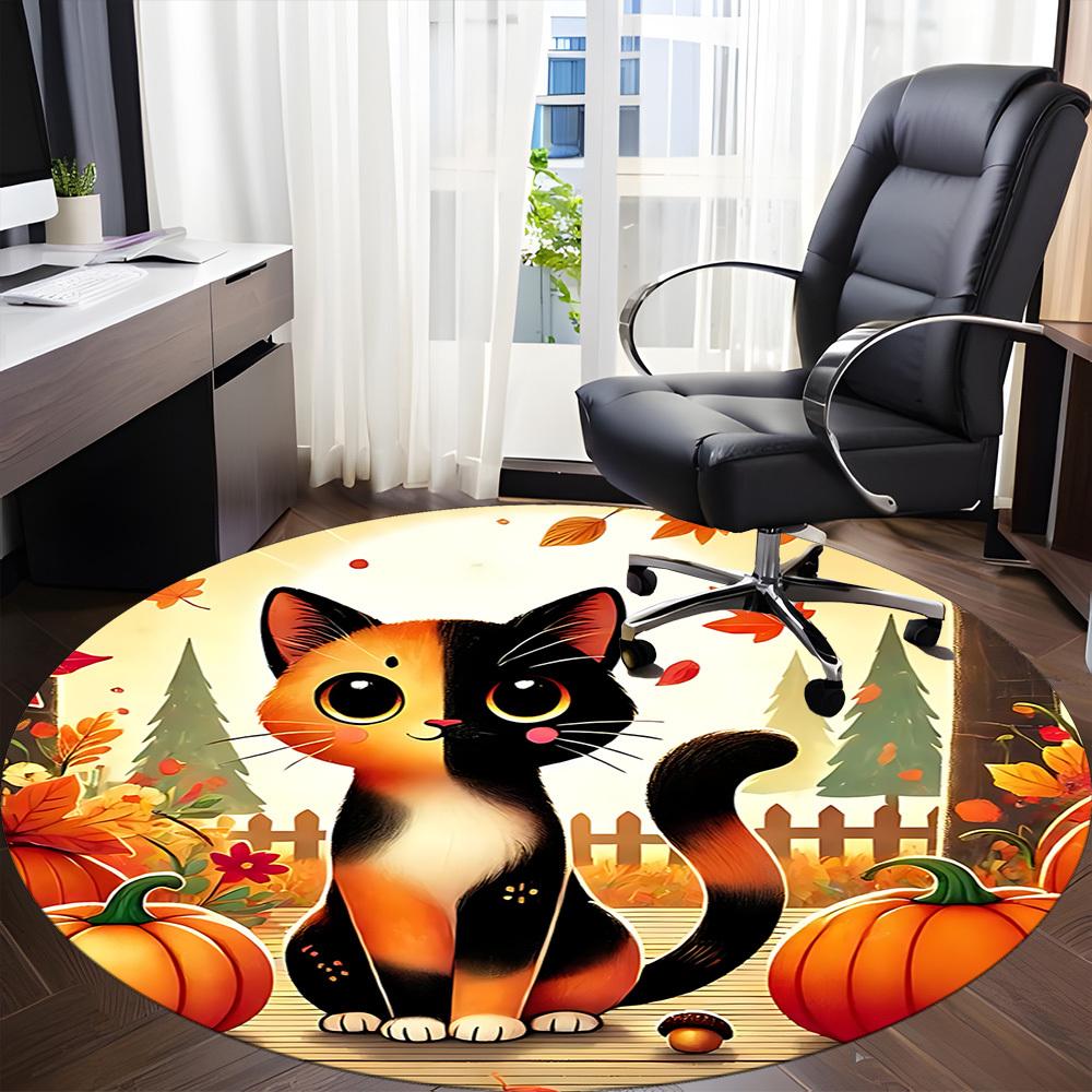 1pc Autumn Cat Office Round Area Rug,  Mat Suitable ForOffice, Under Office Chairs Bedroom Living Room Home Decor, Room Deco