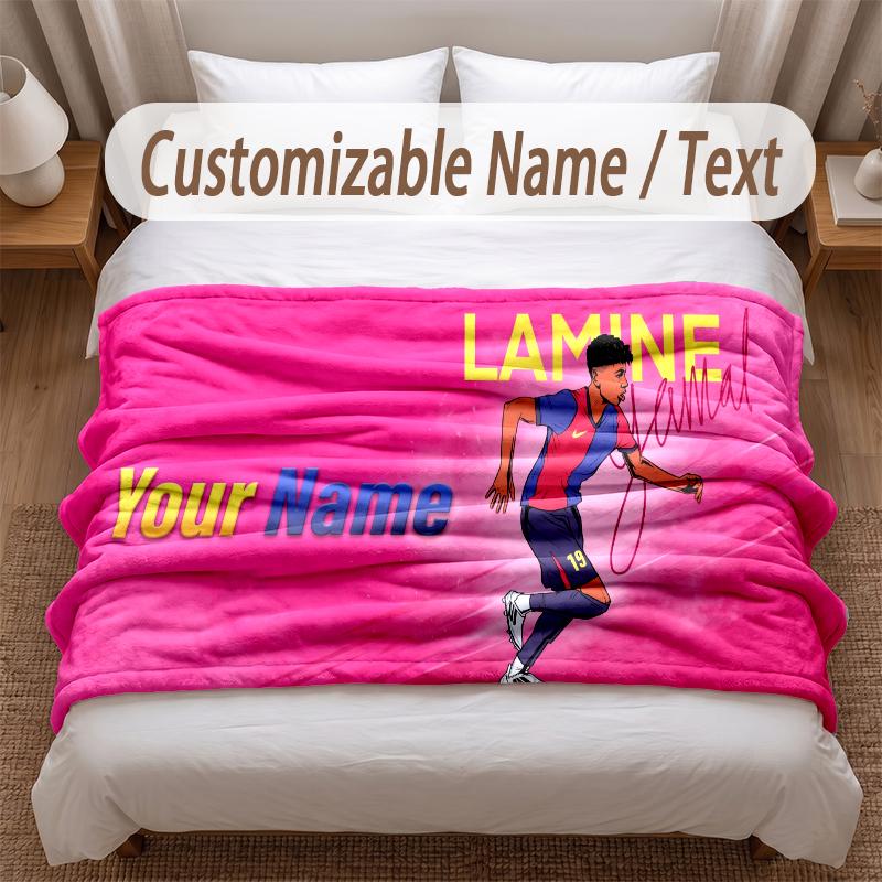 Lamine Yamal Printed Flannel Blanket Custom Name Text Soft Warm Throw For Bedroom Holiday Gift