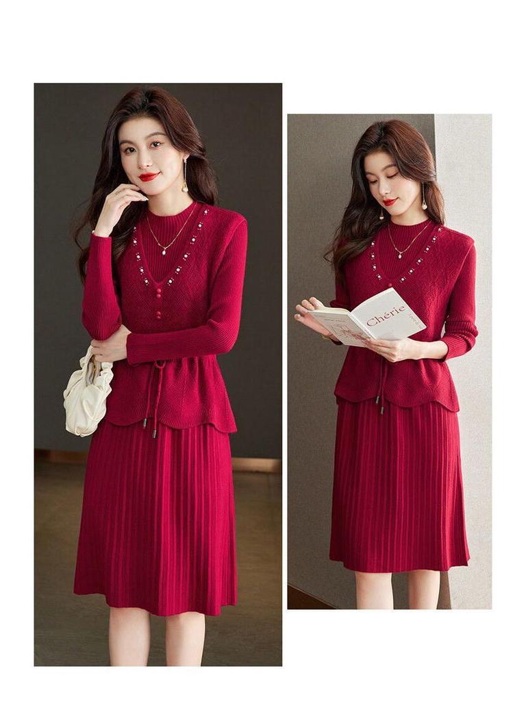 Two-Piece Knit Vest & Dress Set: Mid-Length, Slim-Fit, Autumn/Winter Fashion
