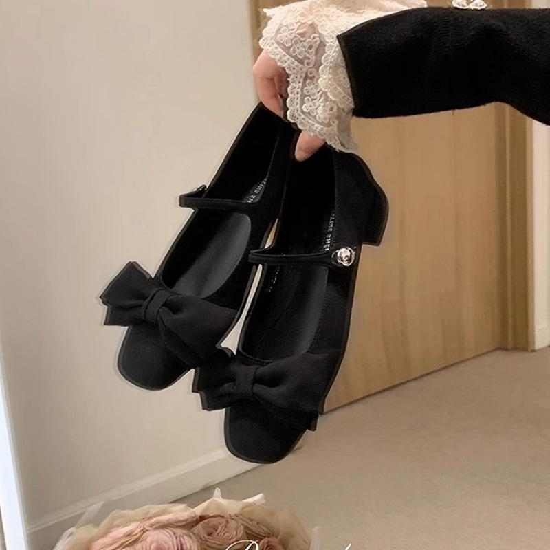Bow Chunky Heel Mary Jane Single Shoes for Women Fall/Winter French Low Heel Ballet Commuter Shoes