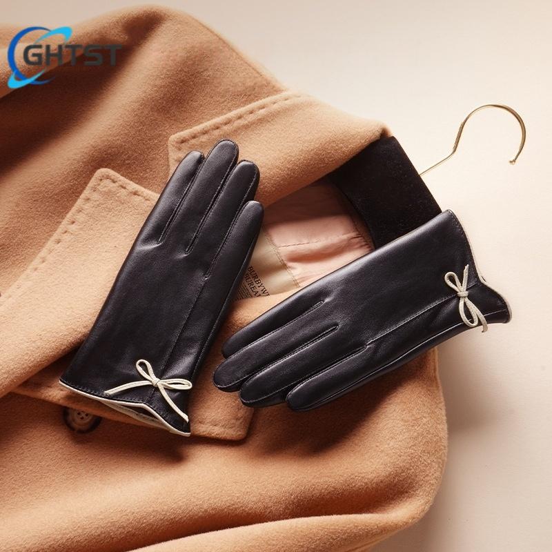 Winter Genuine Sheepskin Leather Gloves Cycling Driving Elegant Women Warm Fleece Touchscreen Bow High Quality Mittens