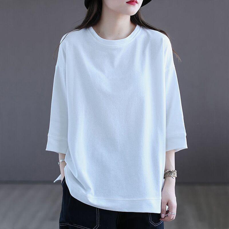 Cotton Seven Quarter Sleeved T-shirt for Women's Short Sleeved Summer 2026 New Loose Base Shirt with Solid Color Inside To Make You Look Slimmer