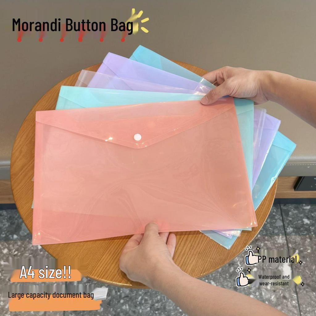 A4 Morandi Transparent Snap Button Document Folder - Waterproof Macaron Color Plastic Bag