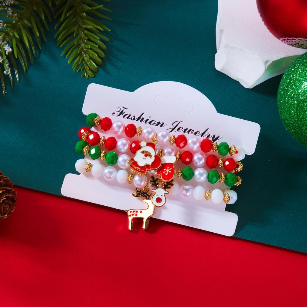 Christmas Santa Claus Deer Braided Bracelet Tree Snowflake Crystal Imitation Pearl Soft Clay Bead Bangles For Women Men Jewelry