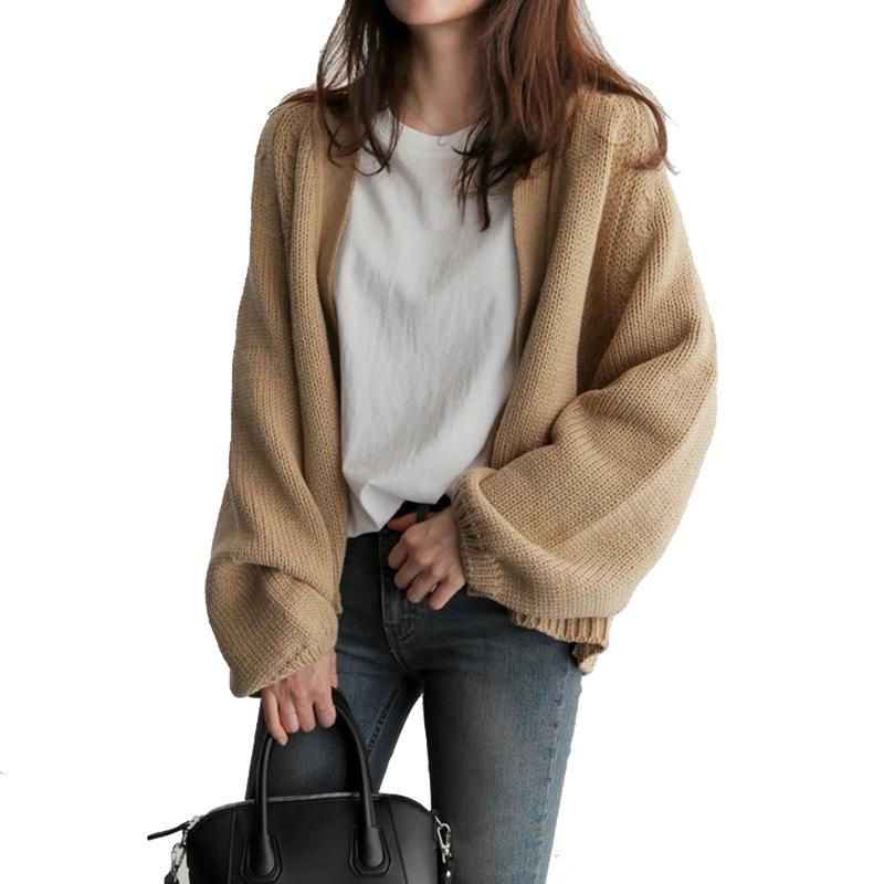 Autumn Winter Solid Color Loose Casual Cardigan Sweater Women V-neck Simple All-match Knitting Jacket Top