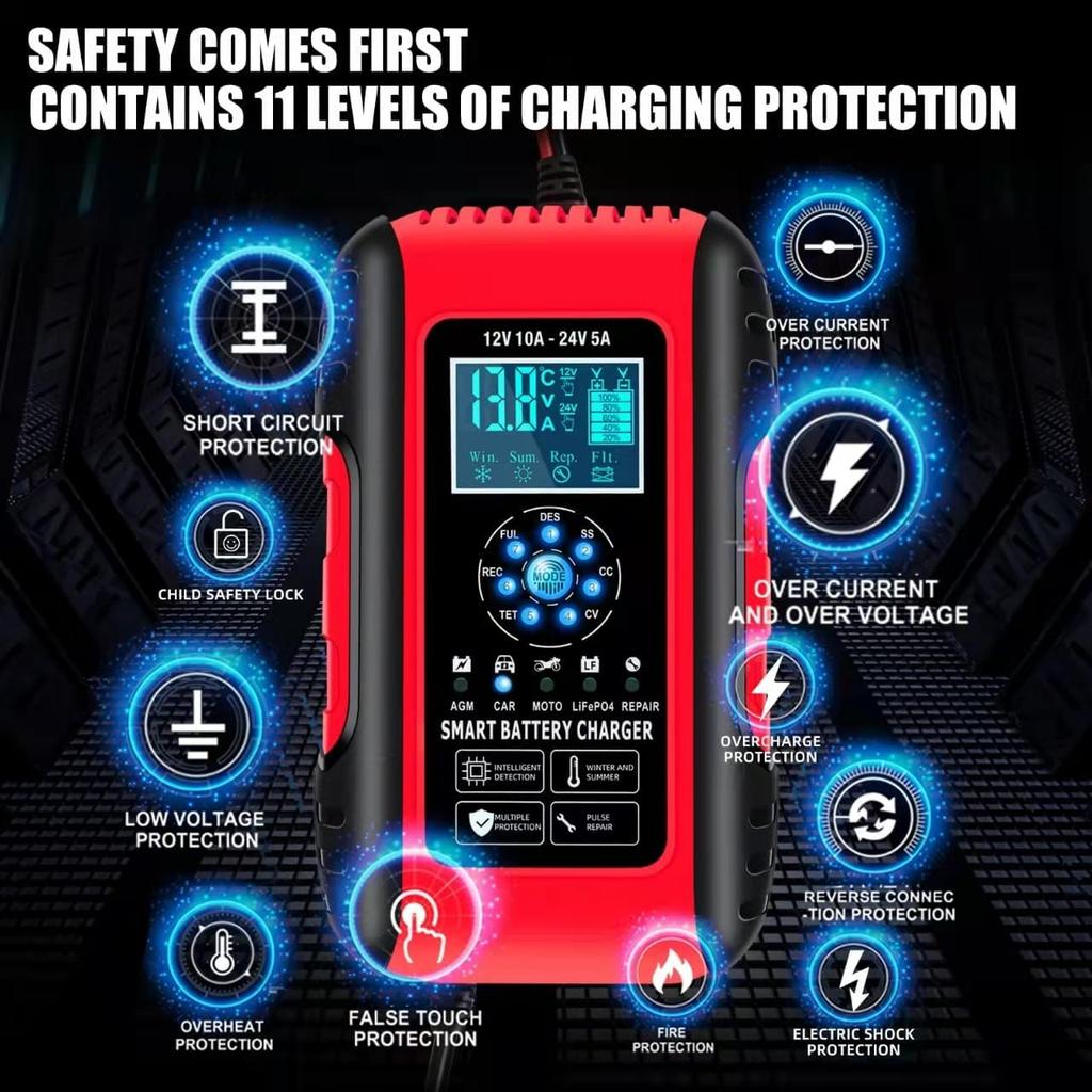 E-FAST Battery Charger, 10A Lifepo4 Lead Acid Car Battery Charger, Upgraded Automobile Trickle Charger 12/24V, All In 1 Battery Maintainer, For Truck
