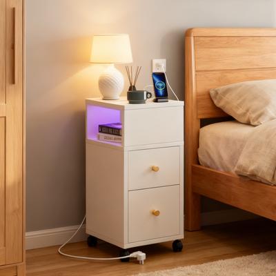 Bedside Nightstand Activated LED USB Type C Charging and Storage Drawers for Living Room and Bedroom Compartment Furniture