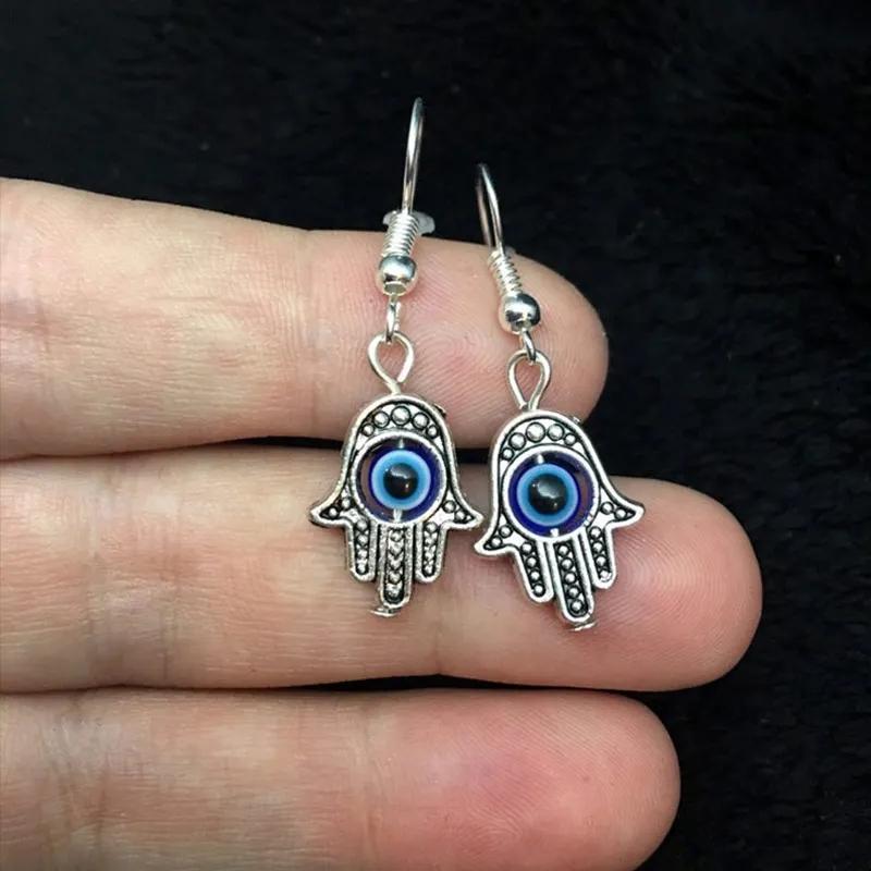 Vintage Silver Color Spiritual Protective Hamsa Hand & Blue Evil Eye Pendant Dangle Earrings for Women