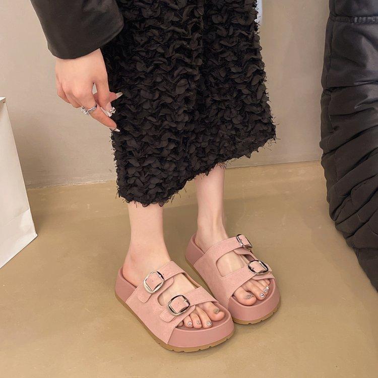 European matte leather one-word belt buckle platform muffin open-toed sandals, beach slippers, Boken women's shoes