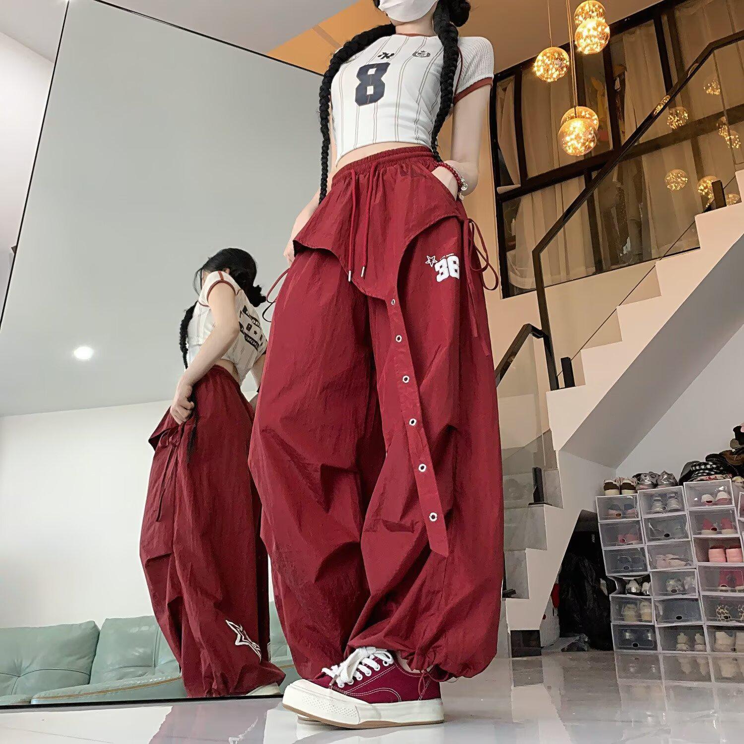 

Комбинезон унисекс с высокой талией и красными манжетами 2023 года: «Нишевый стиль, свободные широкие брюки» XL вино красного