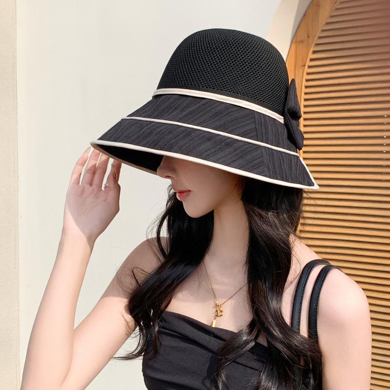 Spring and Autumn New Hat Women's Knitted Mesh Bow Bucket Hat Summer Colored Glue Sunscreen Visor