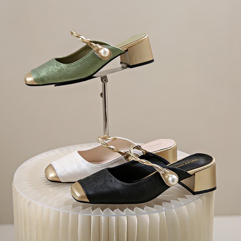 Embroidered Green Slippers Women's Summer New Low-heeled High-heeled Shoes Bag Head Temperament Sandals Women