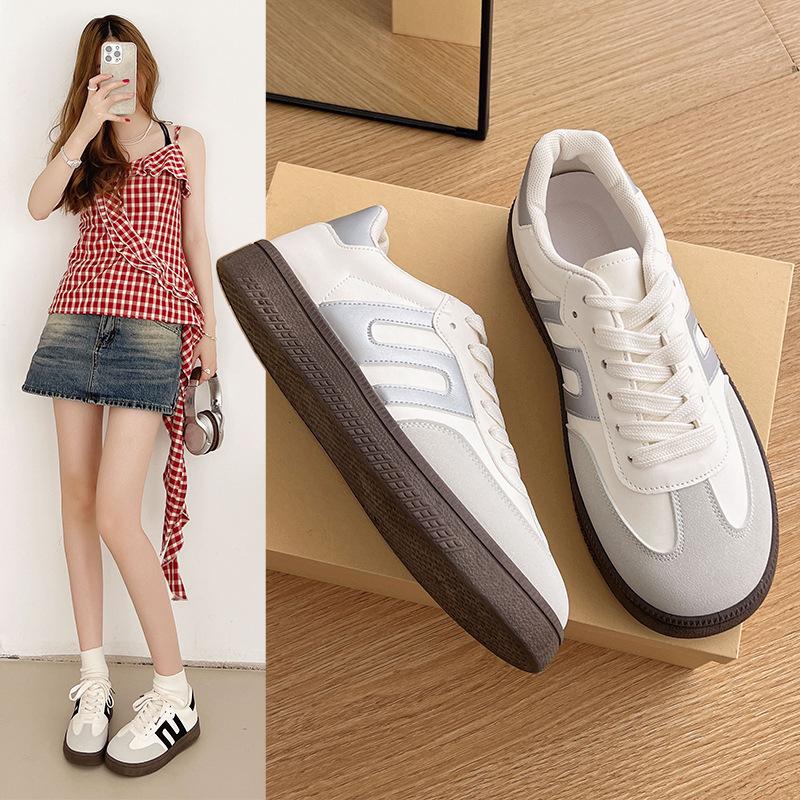 Dexun Shoes Women's New Leather Flat-soled White Shoes In Summer 2025 Color Matching Retro Versatile Sports and Leisure Board Shoes