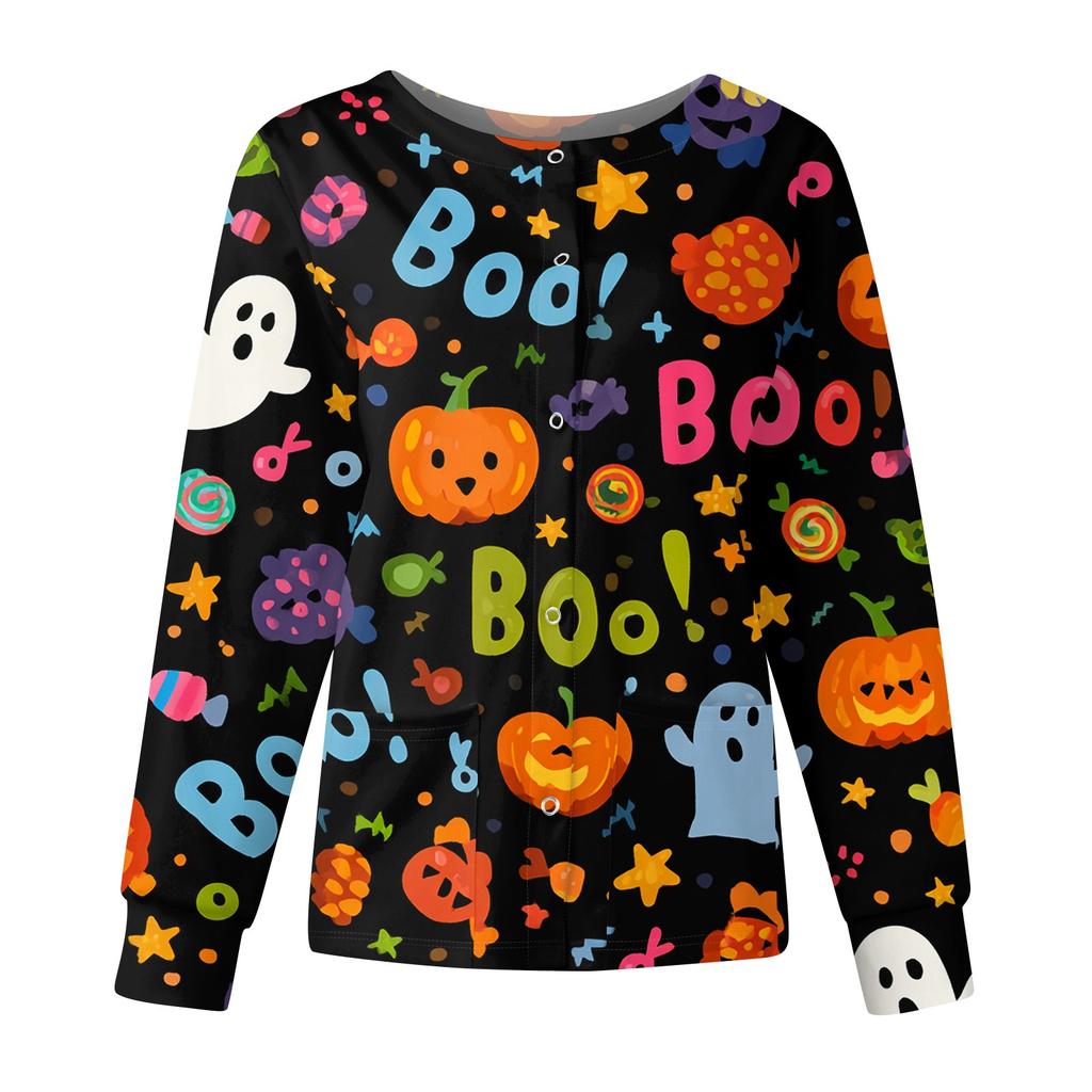 Women's Casual Fashion Long Sleeve Standing Collar Single Breasted Halloween Printed Workwear Jacket Tops