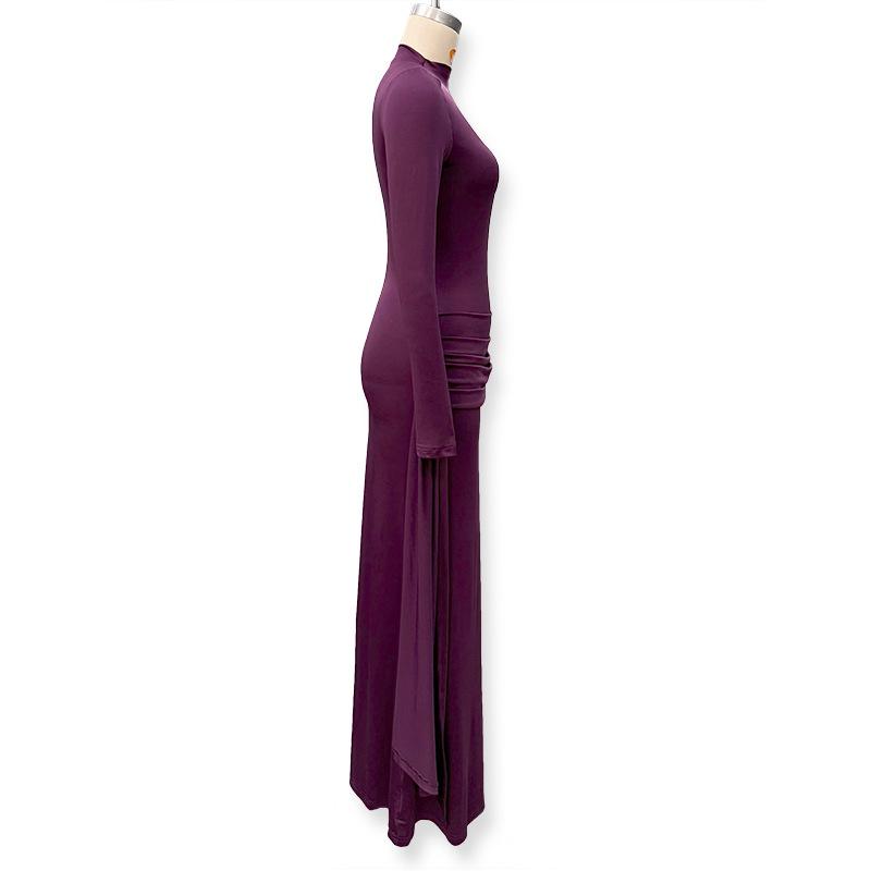 Elegant European Slim Fit Bodycon Dress - Autumn/Winter Collection, Solid Color, Pleated, Flowy, Belted Design