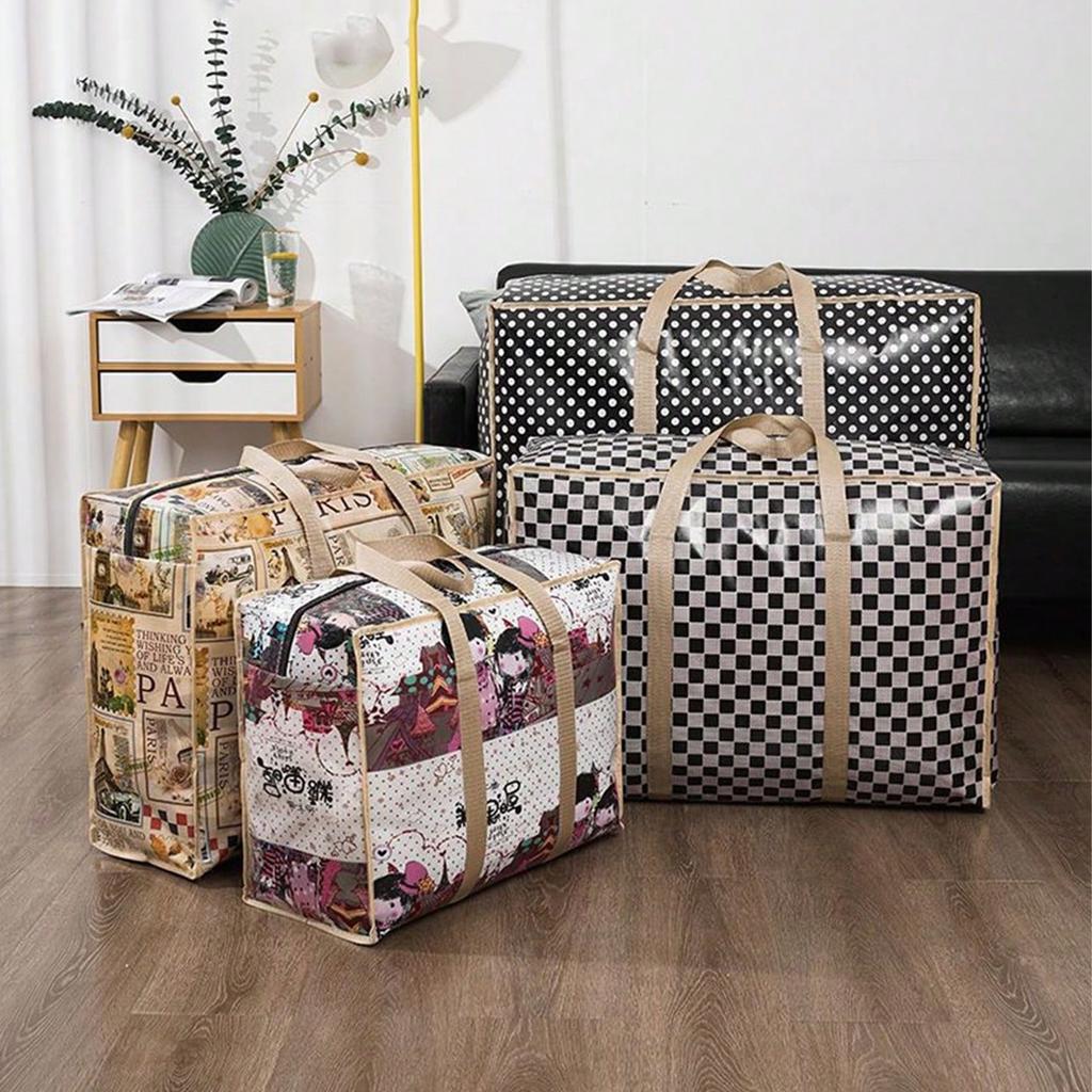 1pc Vintage Fabric Foldable Storage Bag with Strong Zipper and Handle, Space-Saving, for Moving, Travel, Back To School