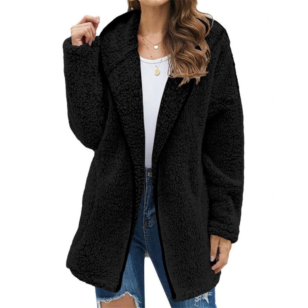 Women's Casual Solid Color Hooded Fleece Sweatshirt Long Sleeve Lapel Fleece Top For Autumn Winter