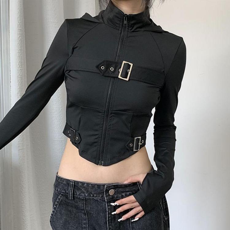 

Sexy Y2K Women Sports Cycling Tops Long Sleeve Solid Black Stand Collar T-shirts Athletic Fashion Design for Girls S чёрный