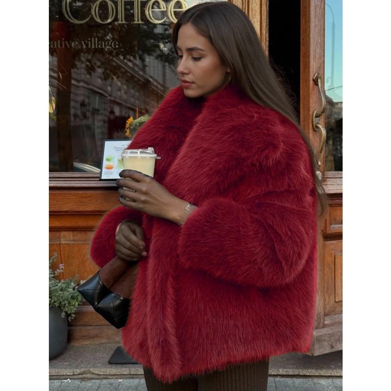 Winter Women's Lapel Shaggy Faux Fur Warm Oversized Short Brown Coat