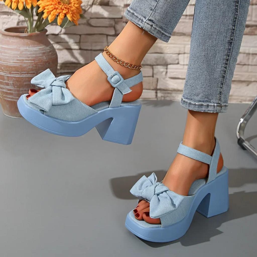 New Summer Comfortable and Elegant Casual Banquet High Heel Sandals Fashionable Temperament Bow Thick Heeled Women's Shoes