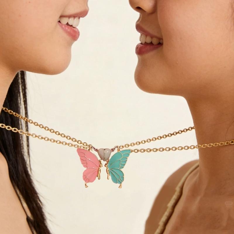 1 Pair Glowing In Dark Butterfly Pendant Necklaces With Magnetic Heart Clasp Detail For Best Friend Gift