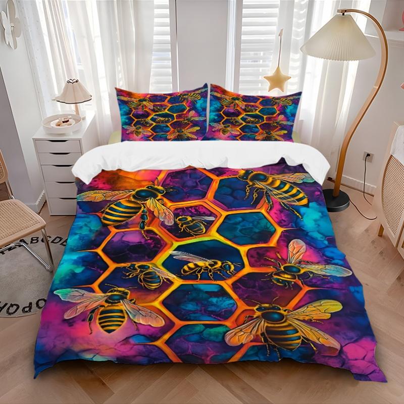 3pcs Bee Hive Bedding Set, Includes Without Pillow Inserts, Soft Comfortable Bedding Set,All-Season Use a0924059