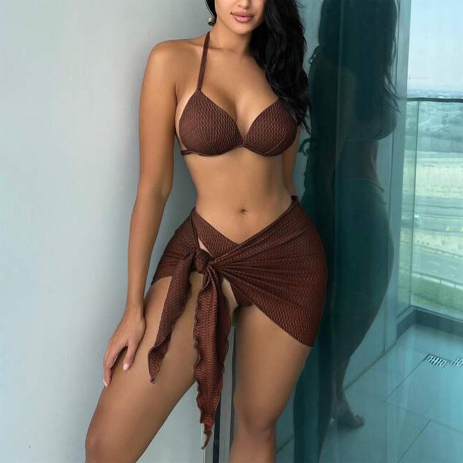 

Женский купальник, сексуальный однотонный модный сплит-бикини, комплект из трех предметов XL коричневый