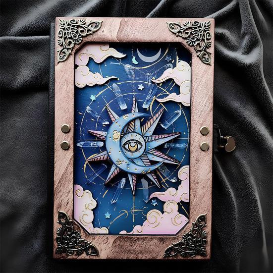 Handmade Witch Hidden Key Journal Gothic Vintage Sun Moon Design Witch Notebook with Lock And Key for Spell Book