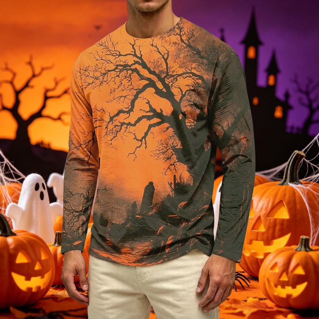 Men's Long Sleeve Casual T Shirt Crew Neck Haunted House Print Halloween Theme Graphic Tee Comfortable Fit