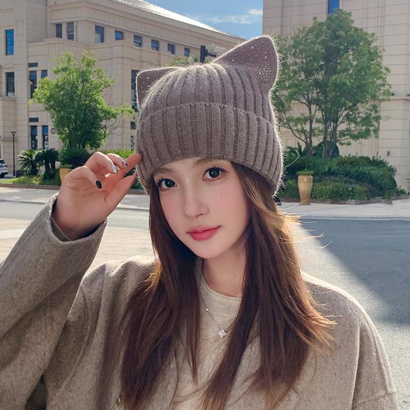 Cat Ear Wool Hat Women's Autumn and Winter New Warm Cute Knitted Hat Casual Hat Soft Warm Pullover for Big Heads, Cute Gift Hat for Cold Weather