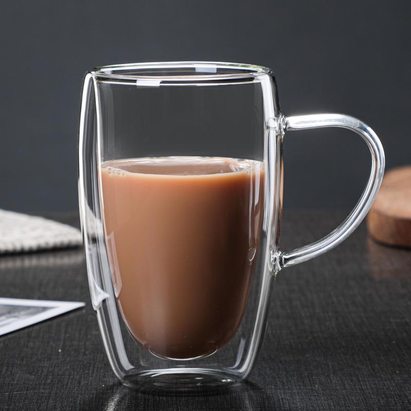 Egg-Shaped Double-Walled Borosilicate Glass Cup with Handle - Insulated for Coffee or Milk.