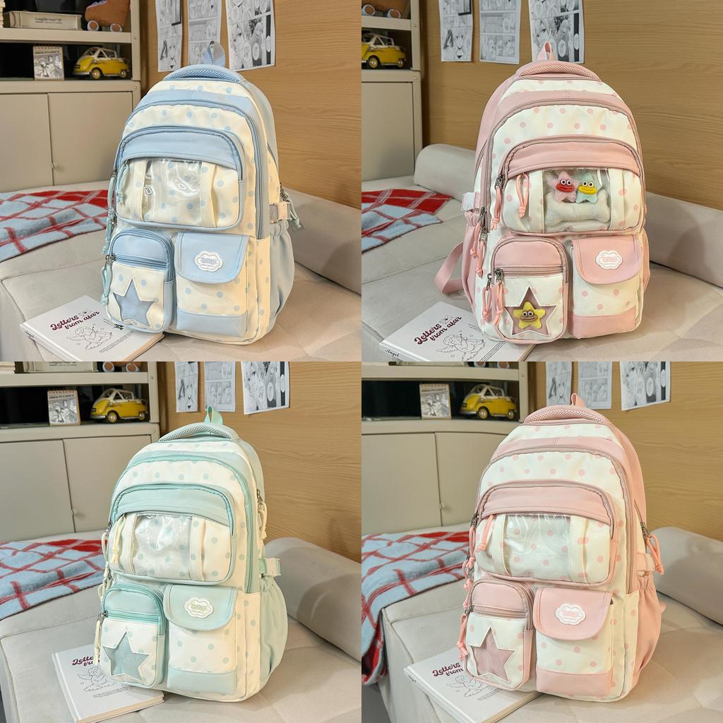 Nylon School Backpack For Girls With Polka Dot Pattern And Padded Shoulder Straps For Campus Use